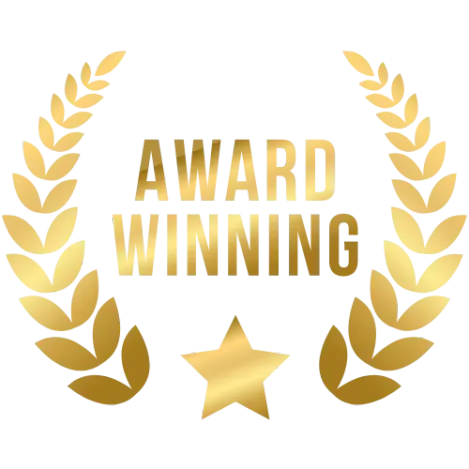 A prestigious gold laurel wreath and star trust badge signifying award-winning status and excellence in service.