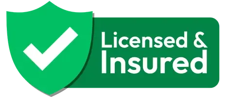Official green shield trust badge indicating a contractor is fully licensed and insured for professional services.