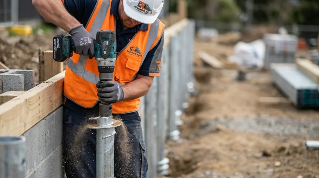 A professional contractor utilizing modern tools for installing retaining walls Auckland projects.