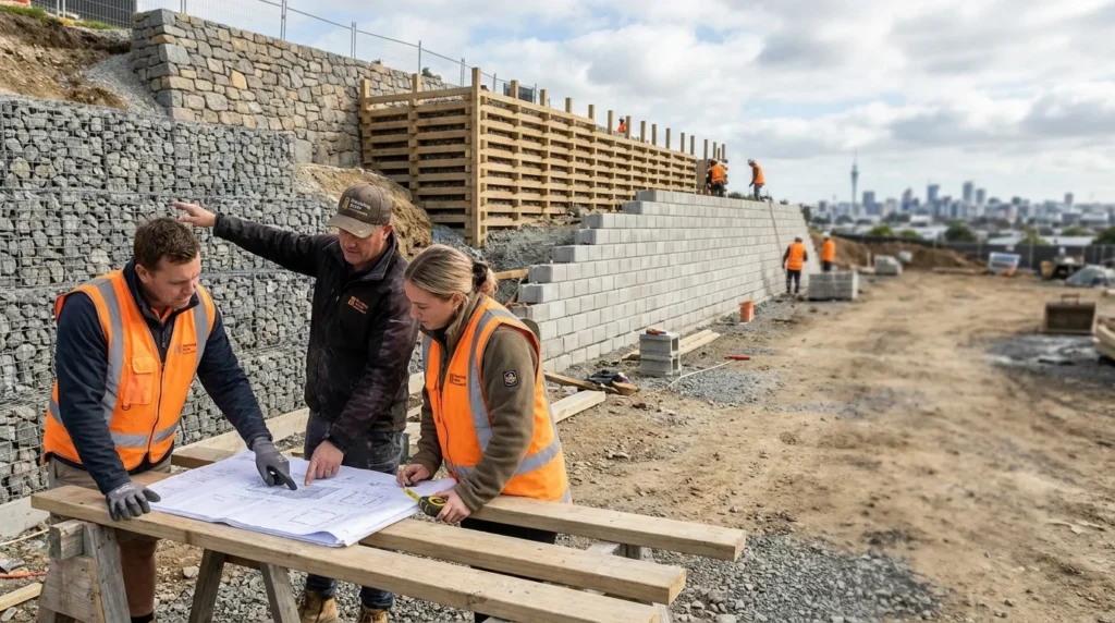 Engineers reviewing blueprints on site for a major retaining walls Auckland construction project.
