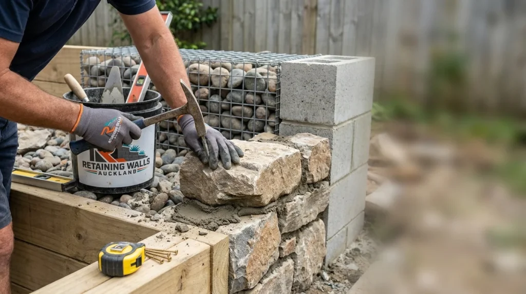 A skilled worker laying stone blocks during a custom retaining walls Auckland installation.