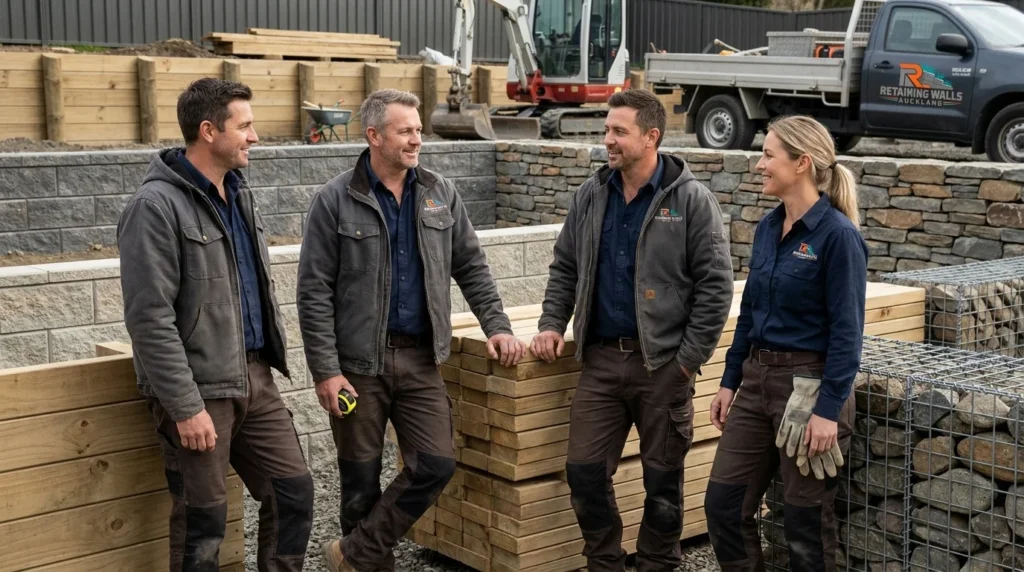 A professional team of retaining walls Auckland experts posing together on a construction site.